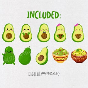 May include: A set of digital illustrations featuring cute avocado characters in various poses, including a couple holding hands, a groom with a bow tie, a bride with a pink bow, and a single avocado with a grumpy expression. There are also two bowls of guacamole with green and red accents.