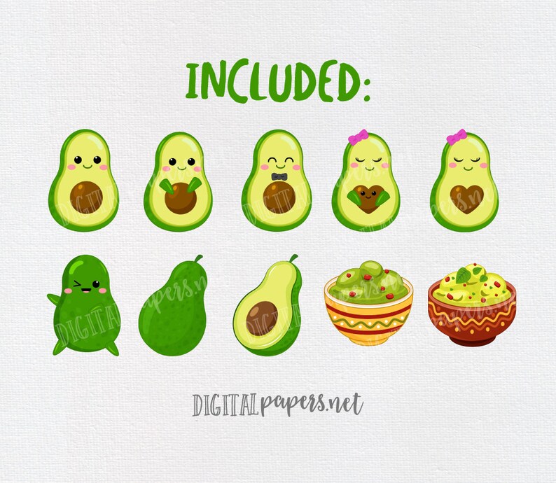May include: A set of digital illustrations featuring cute avocado characters in various poses, including a couple holding hands, a groom with a bow tie, a bride with a pink bow, and a single avocado with a grumpy expression. There are also two bowls of guacamole with green and red accents.