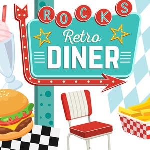 Retro Diner Clipart, 50s clipart, Restaurant Clipart, 50s Diner Graphics, Sign, Party Decor, Arrow, Vector, Commercial, INSTANT DOWNLOAD
