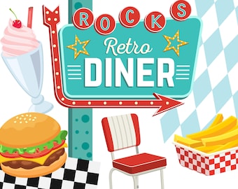 Retro Diner Clipart, 50s clipart, Restaurant Clipart, 50s Diner Graphics, Sign, Party Decor, Arrow, Vector, Commercial, INSTANT DOWNLOAD