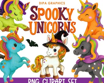 Halloween Einhorn Aquarell PNG Clipart Set mit transparentem Hintergrund Original Grafiken