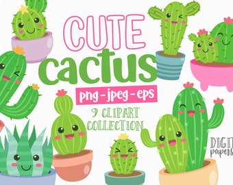 Cute Cactus Clipart, Succulent Clipart Bundle, Cacti Clip Art, Kawaii Cactus Planter, Plant Clipart, Commercial Use, Instant Download
