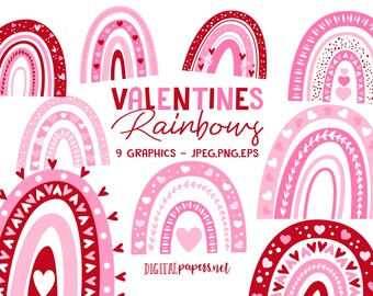 Valentines Day Rainbows Clipart, Modern Rainbow Clipart, Heart, Love, Cute Clipart, Instant Download, COMMERCIAL, INSTANT