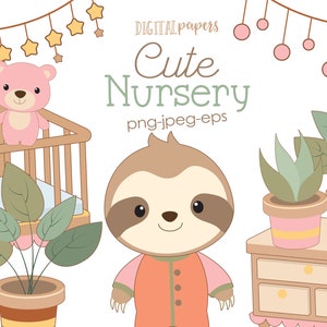 Imágenes Prediseñadas de vivero, imágenes prediseñadas de perezoso, imágenes prediseñadas de bebé, imágenes prediseñadas de plantas, vivero de bebé, oso de peluche, cuna, cama, Vector, comercial, DESCARGA INSTANTE
