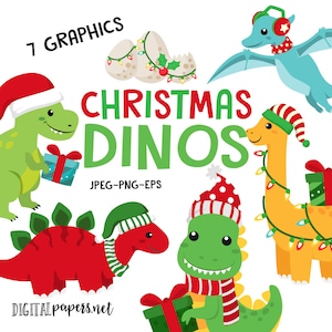 Christmas Dinosaurs Clipart, Christmas Dinos, Christmas Clipart, EPS Vector Graphics, Commercial Use, INSTANT DOWNLOAD