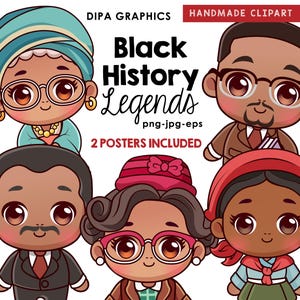 May include: Four cartoon illustrations of Black historical figures. Each figure is depicted with a different hairstyle, clothing, and facial expression. The text "Black History Legends" is written in large, bold letters at the top of the image.