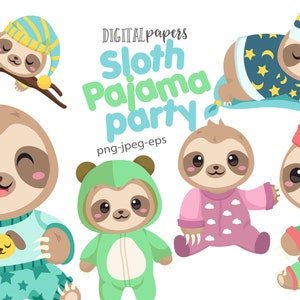 Sloth Pajama Party, Slumber Party Clipart, Pajama Party, Sleepover Clip Art, PNG Clipart, Vector, Commercial Use, Instant Download