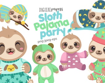 Sloth Pajama Party, Slumber Party Clipart, Pajama Party, Sleepover Clip Art, PNG Clipart, Vector, Commercial Use, Instant Download