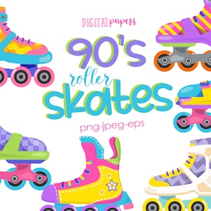 90s Roller Skates Clipart, 90s Party, Nostalgia, Retro Clipart, Vintage Skates, Graphic Elements, Vector, Commercial, INSTANT DOWNLOAD