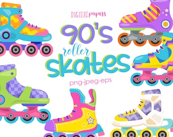 90s Roller Skates Clipart, 90s Party, Nostalgia, Retro Clipart, Vintage Skates, Graphic Elements, Vector, Commercial, INSTANT DOWNLOAD