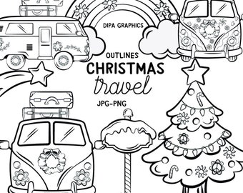 Christmas Retro Van Hippie Clipart Outlines, Rainbow, Sign, Christmas Tree, Travel PNG Clipart, Commercial, INSTANT DOWNLOAD