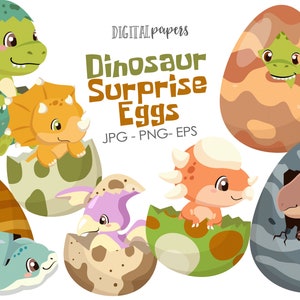 Dinosaur Surprise Egg, Dinosaur Clipart, Jurassic Clipart, Trex Clipart, Dino, Triceratops Clipart, Baby Dinosaur, Vector, INSTANT DOWNLOAD image 1