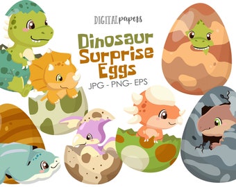 Dinosaur Surprise Egg, Dinosaur Clipart, Jurassic Clipart, Trex Clipart, Dino, Triceratops Clipart, Baby Dinosaur, Vector, INSTANT DOWNLOAD