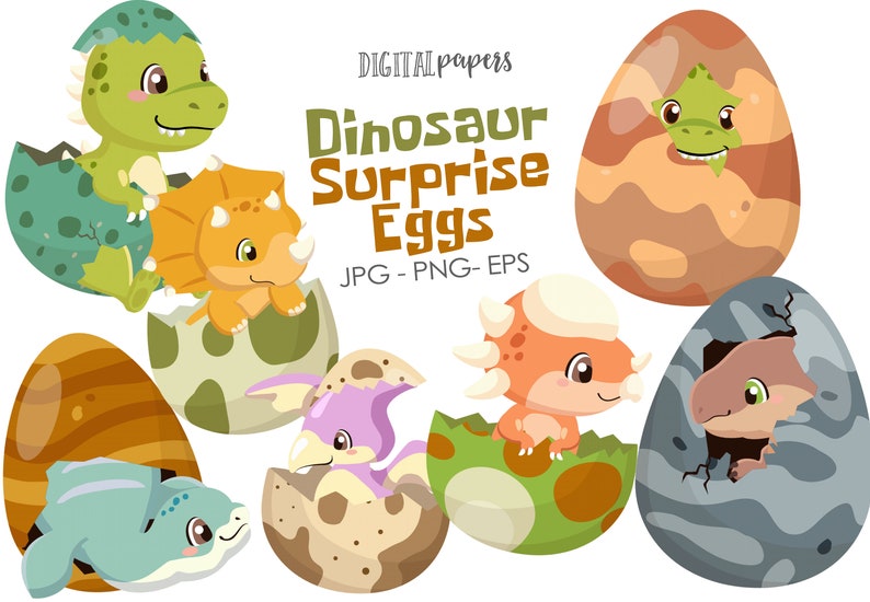 Dinosaur Surprise Egg, Dinosaur Clipart, Jurassic Clipart, Trex Clipart, Dino, Triceratops Clipart, Baby Dinosaur, Vector, INSTANT DOWNLOAD image 1