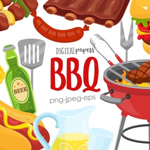 BBQ Bundle Clipart, Burger Clipart, Hot Dog, Lemonade, Beer, Picnic Clipart, Summer, Vector, Commercial, INSTANT DOWNLOAD
