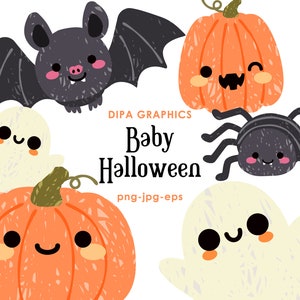 Cute Halloween Baby Clipart, Little Pumpkin, Cute Ghost, Bat, Spider png, jpg and eps Vector Handmade Doodle Graphics, Instant Download