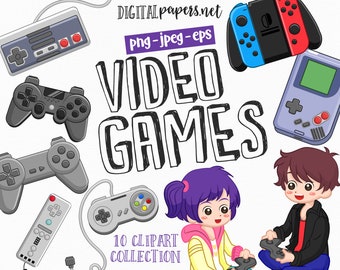 Puede incluir: Un conjunto de 10 imágenes de clipart digital que presentan varios controladores de videojuegos, incluyendo un controlador NES clásico, un gamepad moderno, una Nintendo Switch y una Game Boy. El clipart es perfecto para crear proyectos digitales, como invitaciones, tarjetas y gráficos para redes sociales.