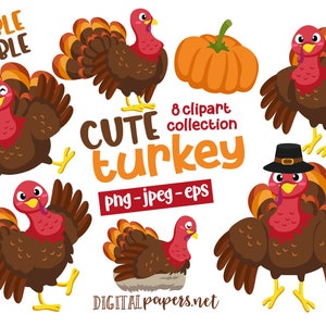 Turkije clipart, Thanksgiving clipart, Turkije dag, schattige Turkije illustraties, PNG clipart, EPS-vector, commercieel gebruik, Instant Download