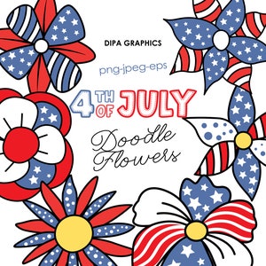 4 juli bloemen clipart, doodle bloem PNG, Independence Day clipart, Amerika hart, vlag clipart, Instant Download
