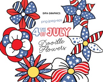 4th of July Flowers Clipart, Doodle Flower PNG, Independence Day Clipart, America Heart, Flag Clipart, Instant Download