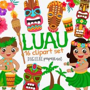 Luau Clipart, Hawaiian Clipart, Luau Party, Tropical Clipaer, Luau Mask Clipart, Hawaiian Luau, Tropical, Commercial Use, Instant Download