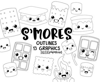 Contours Clipart S'mores : graphismes kawaii de camping (téléchargement numérique)