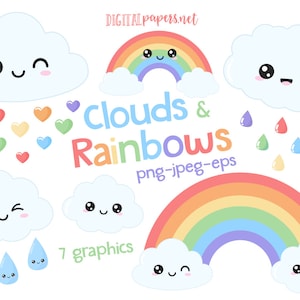 Cloud Clipart, Rainbow Clipart, Kawaii Rainbow, Kawaii Clouds, Rain Clipart, COMMERCIAL, INSTANT DOWNLOAD