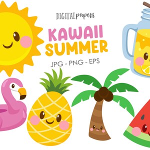 Słodkie letnie cliparty, cliparty arbuzowe, słońce, lody, flaming, lemoniada, ananas, reklama, cliparty kawaii, wektor, natychmiastowe pobieranie