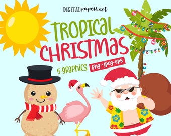 Clipart de Noël tropical, utilisation commerciale, Clipart d’été, graphiques de Noël, PNG, EPS vecteur Clip art, vacances de vacances, téléchargement immédiat