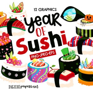 A Year of Sushi Clipart, Valentines Day, St Patricks, Spring, Summer, Fall, Halloween, Christmas, COMMERCIAL use allowed, INSTANT DOWNLOAD