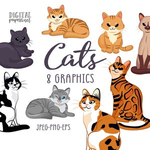Cat Clipart, Kitty Cat Clipart, Cats Graphics, Pets Clip Art, Cat Illustrations, Commercial Use, Instant Download