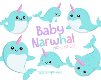 Baby Narwhal Clipart: Sea Unicorn Graphics (INSTANT DOWNLOAD)