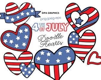 4th of July Heart Clipart, Doodle Hearts PNG, Independence Day Clipart, America Heart, Flag Clipart, Instant Download