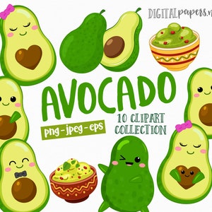 May include: A set of 10 cartoon avocado illustrations, including whole avocados, avocado halves, and a bowl of guacamole. The avocados have cute faces and some are wearing accessories like a bow or a bow tie. The text "AVOCADO 10 CLIPART COLLECTION png - jpeg - eps" is written in green letters below the illustrations.