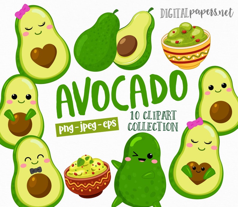 May include: A set of 10 cartoon avocado illustrations, including whole avocados, avocado halves, and a bowl of guacamole. The avocados have cute faces and some are wearing accessories like a bow or a bow tie. The text "AVOCADO 10 CLIPART COLLECTION png - jpeg - eps" is written in green letters below the illustrations.