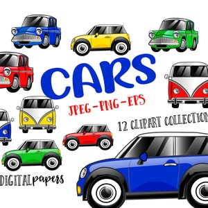 May include: A collection of 12 cartoon car clip art images in various colors, including red, blue, green, yellow, and white. The cars are in different styles, including a classic mini, a van, and a station wagon. The text "CARS JPEG-PNG-EPS 12 CLIPART COLLECTION DIGITAL papers" is at the bottom of the image.