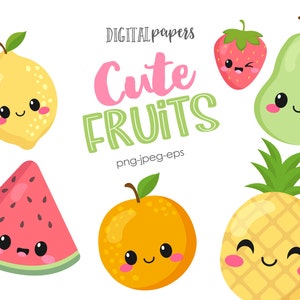 Cute Fruit Clipart, Kawaii, Limón, Sandía, Piña, Pera, Naranja, Fresa, Tuttifrutti Clipart, Comercial, DESCARGA INSTANTE