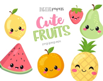 Cute Fruit Clipart, Kawaii, Lemon, Watermelon, Pineapple, Pear, Orange, Strawberry, Tuttifrutti Clipart,º Commercial, INSTANT DOWNLOAD