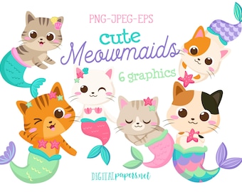 Meowmaid Clipart, Mermaid Kitty Clipart, Cat Clipart, Mercat Clip art, Instant Download, COMMERCIAL, INSTANT DOWNLOAD