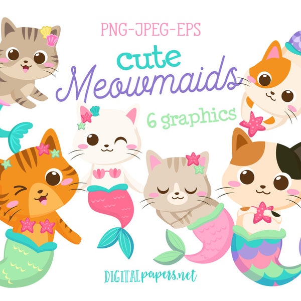 Meowmaid Clipart, Clipart Kitty sirène, chat Clipart, Mercat Clip art, téléchargement immédiat, COMMERCIAL, téléchargement immédiat
