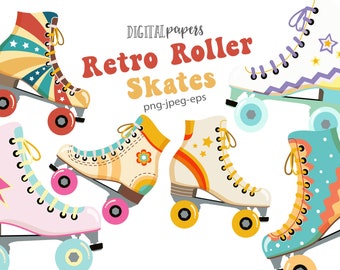 Retro Roller Skates Clipart, Groovy Rollerskates, Retro Clipart, Vintage, Graphic Elements, Vector, Commercial, INSTANT DOWNLOAD