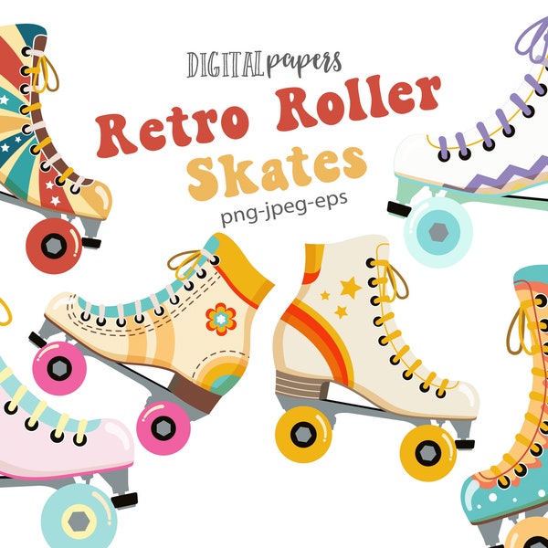 Retro Roller Skates Clipart, Groovy Rollerskates, Retro Clipart, Vintage, Graphic Elements, Vector, Commercial, INSTANT DOWNLOAD