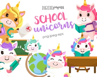 School Unicorns, Back to School Clipart, Backpack, Desk, Board, Student, Kindergarten, Unicorn, Vector, Commercial Use, Instant Download