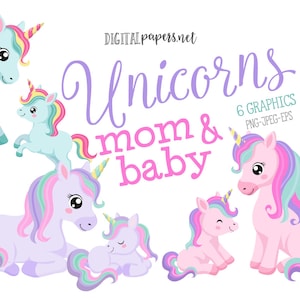 Unicorn Mom & Baby Clipart, Mother&#39;s Day Clipart, Mom and Baby, Unicorn Clipart, Baby Unicorn, COMMERCIAL, INSTANT DOWNLOAD
