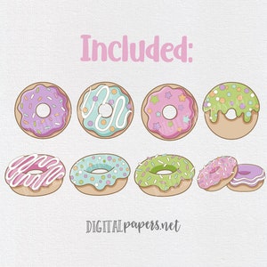 May include: A set of eight colorful donut illustrations with various toppings, including sprinkles, stars, and frosting. The donuts are in different colors, including pink, green, blue, and white. The text "Included:" is at the top of the image, and the text "DIGITAL papers.net" is at the bottom of the image.