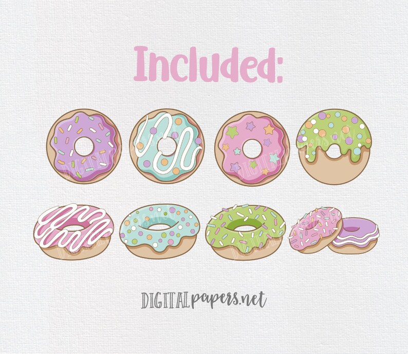 May include: A set of eight colorful donut illustrations with various toppings, including sprinkles, stars, and frosting. The donuts are in different colors, including pink, green, blue, and white. The text "Included:" is at the top of the image, and the text "DIGITAL papers.net" is at the bottom of the image.