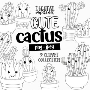 Cactus Outline Clipart, Succulent Clipart, Cacti Digital Stamps, Kawaii Cactus Planter, Coloring Pages, Commercial Use, Instant Download
