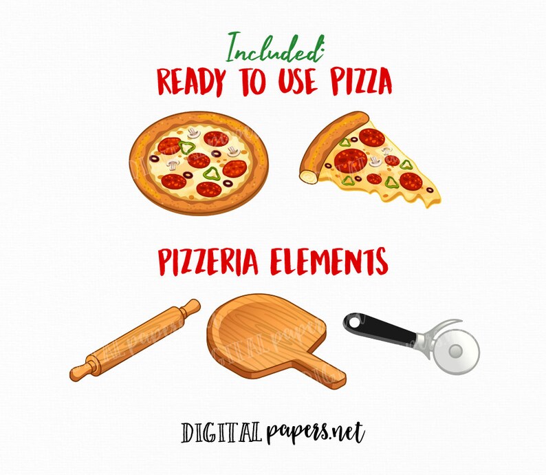 May include: A digital illustration featuring a whole pizza and a slice, with pepperoni, mushrooms, and peppers. Also includes a rolling pin, pizza peel, and cutter. Text reads "Included Ready to Use Pizza" and "Pizzeria Elements".