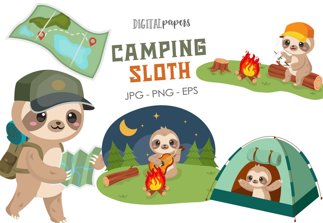 Camping Sloth, Camping Clipart, Sloth Clipart, Adventure, Summer ...
