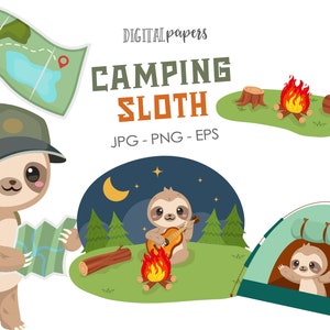 Camping Faultier, Camping Clipart, Faultier Clipart, Abenteuer, Sommer Clipart, Karte, glücklich Camper, Vektor, INSTANT DOWNLOAD